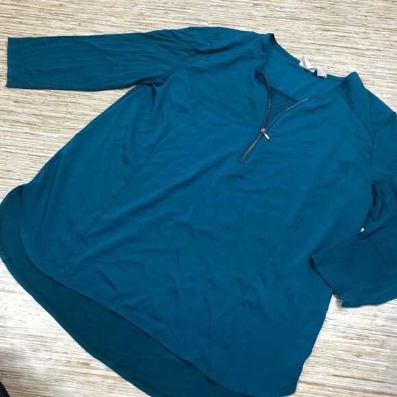 Q-167 Chico's zip front 3/4 sleeve mixed media blouse TEAL GREEN sz 2 (medium) - Picture 1 of 1
